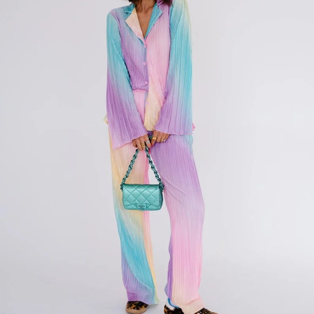 NWT Dressed in Lala Pastel Rainbow Plissé Top & High Waist Pants Set Size S